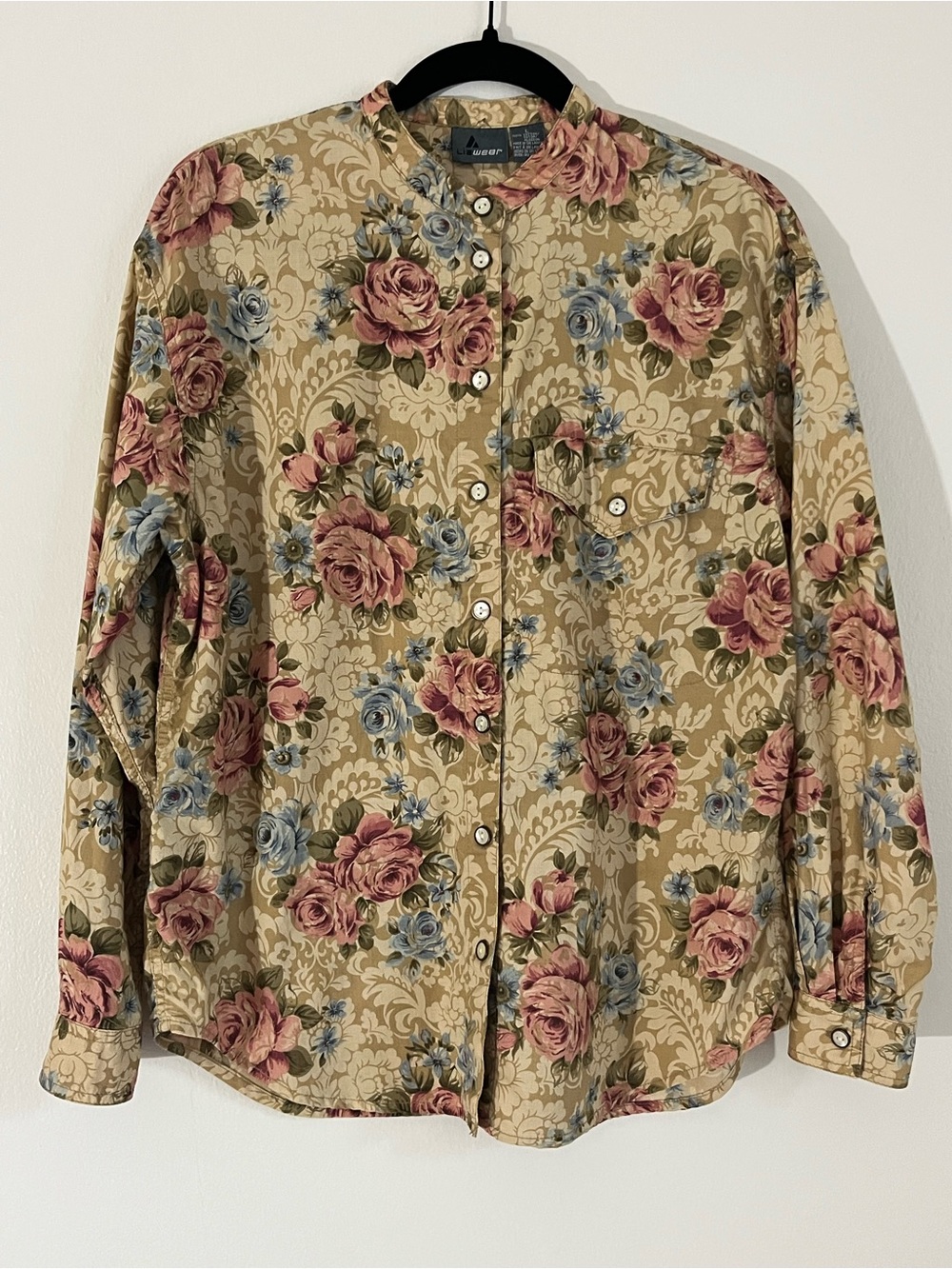 Liz Wear Beige Tapestry Floral 100% Cotton Button-Down Shirt size Large